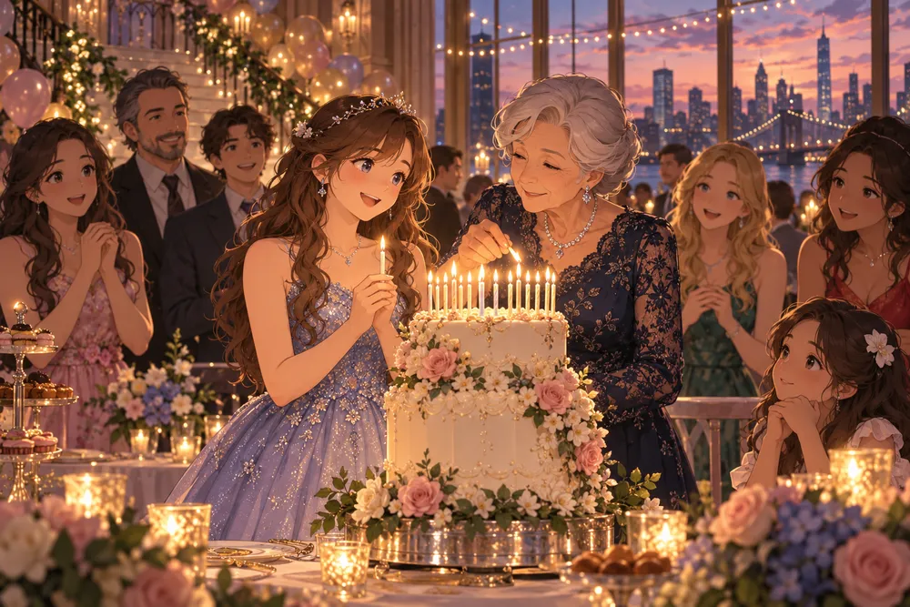アメリカの誕生日：16本のろうそくに「ありがとう」をのイラスト