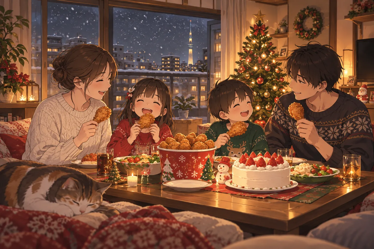 日本のクリスマス(ケンタッキーといちごのケーキ)(Christmas in Japan)のイラスト