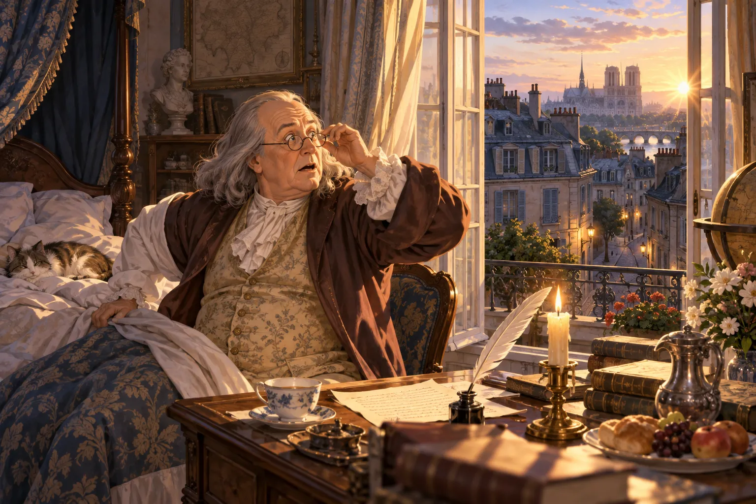 1784年のパリ、朝6時の明るい日ざしにおどろく、めがねをかけた年配のアメリカ人紳士のイラスト