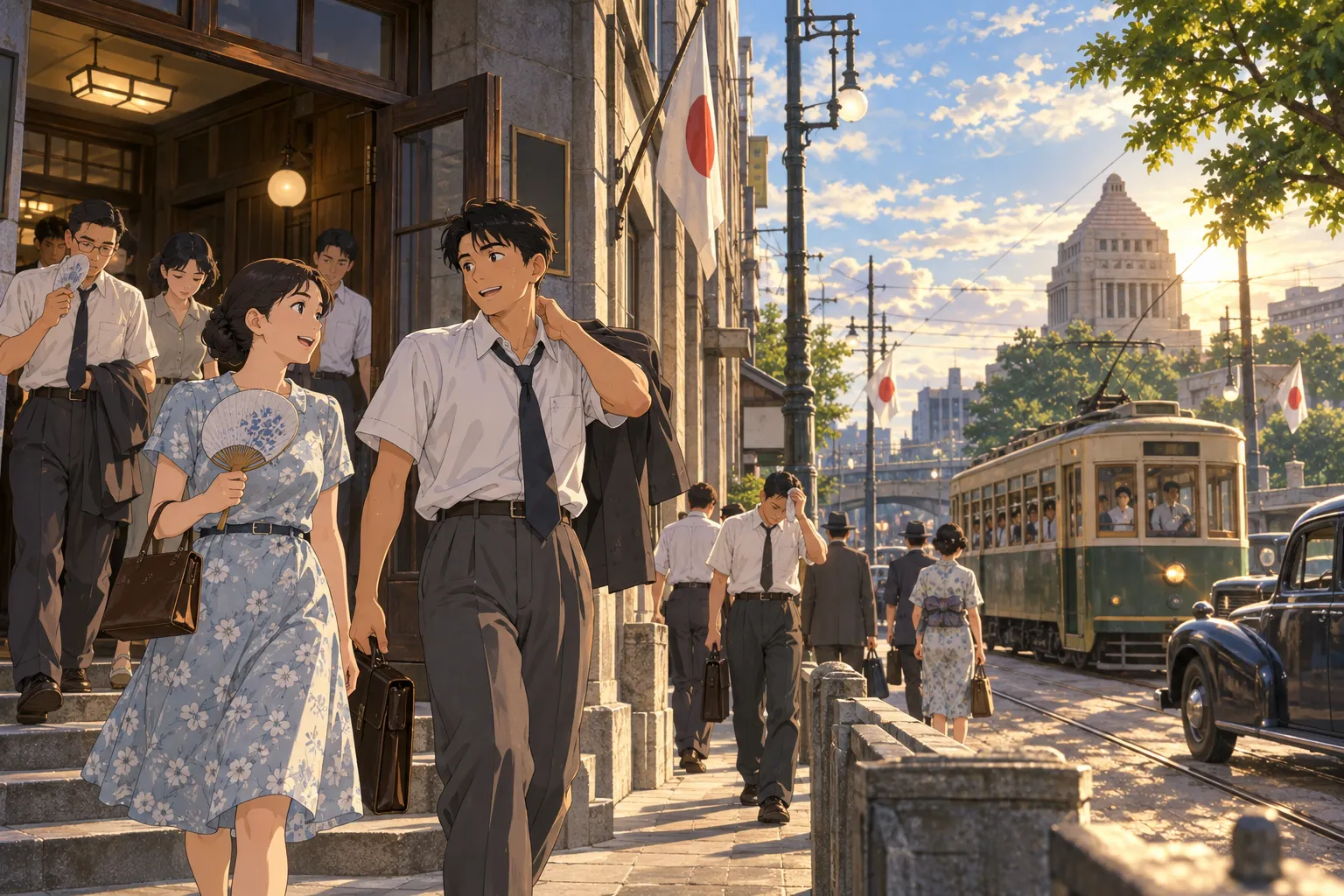 1948年の夏、まだ日が高い夕方に、白いシャツの会社員たちが東京の通りを帰っていくイラスト