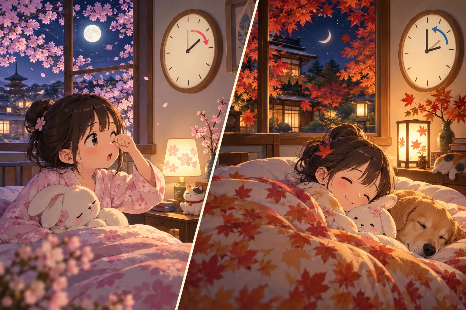 春の夜に時計が1時間進んで眠そうな子どもと、秋の夜に時計が1時間もどって1時間よけいに眠れる子どものイラスト