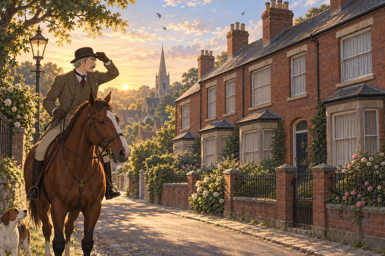 1905年ごろのイギリス、夏の早朝に馬に乗った紳士が、カーテンが閉まったままの家々をながめるイラスト