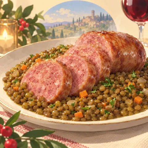 レンズ豆とコテキーノ(lentils and cotechino)のイラスト