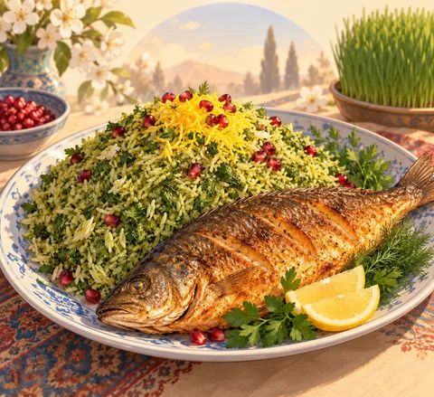 サブズィー・ポロウと魚(sabzi polo with fish)のイラスト