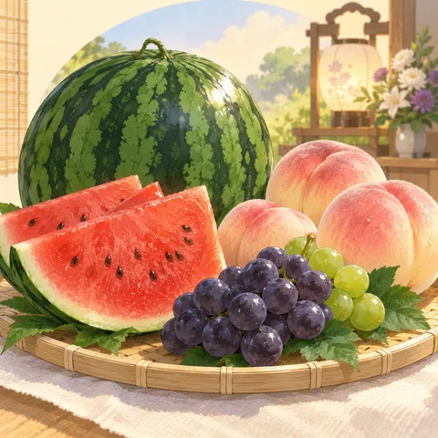 すいか・ももなど夏の果物(summer fruits)のイラスト