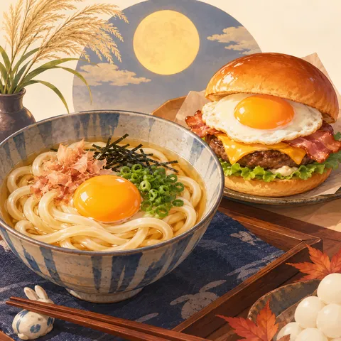 月見うどん・月見バーガー(tsukimi udon / tsukimi burger)のイラスト