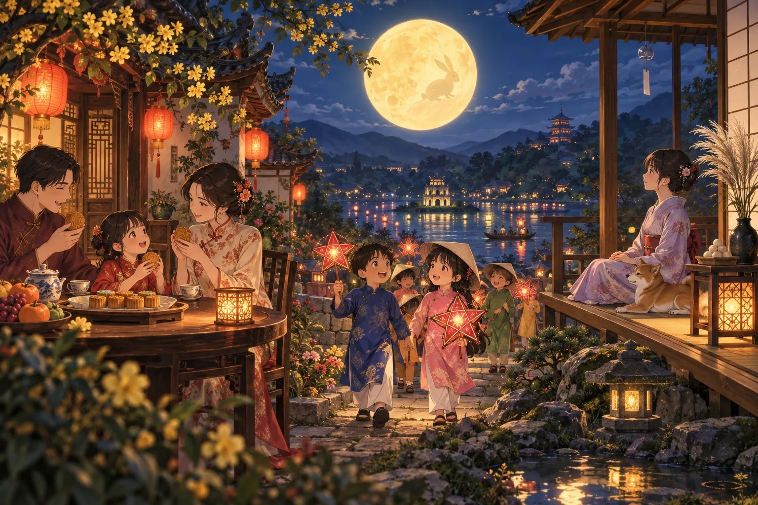 中秋節・チュソク（アジアのお月見）（Mid-Autumn Festival）のイラスト