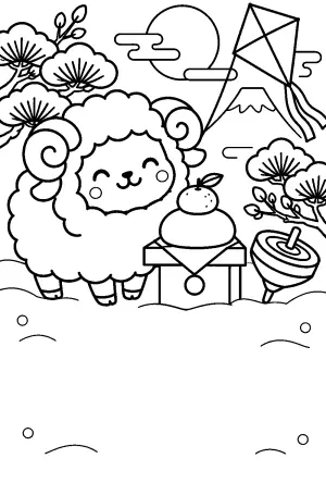 ぬりえ（白黒）の未年の年賀状デザイン