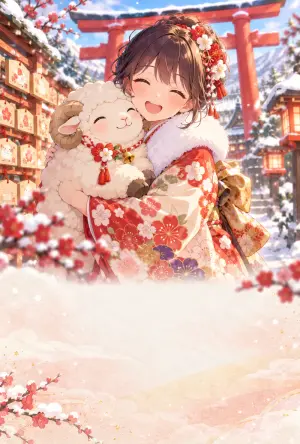 振袖と初詣の未年の年賀状デザイン