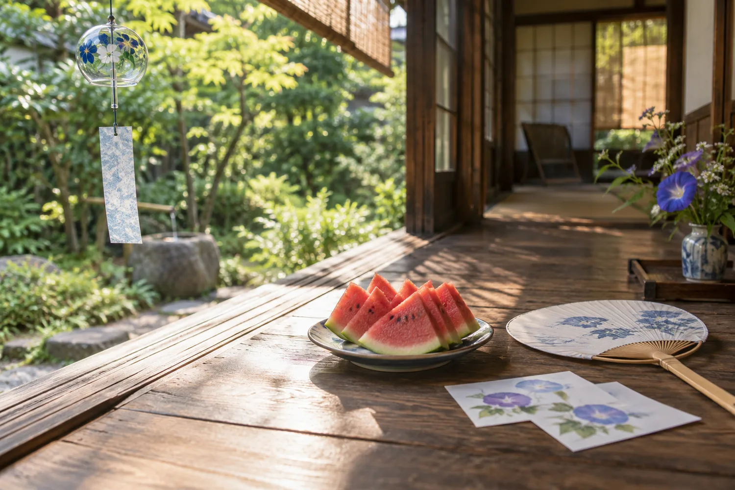風鈴とスイカのある夏の縁側