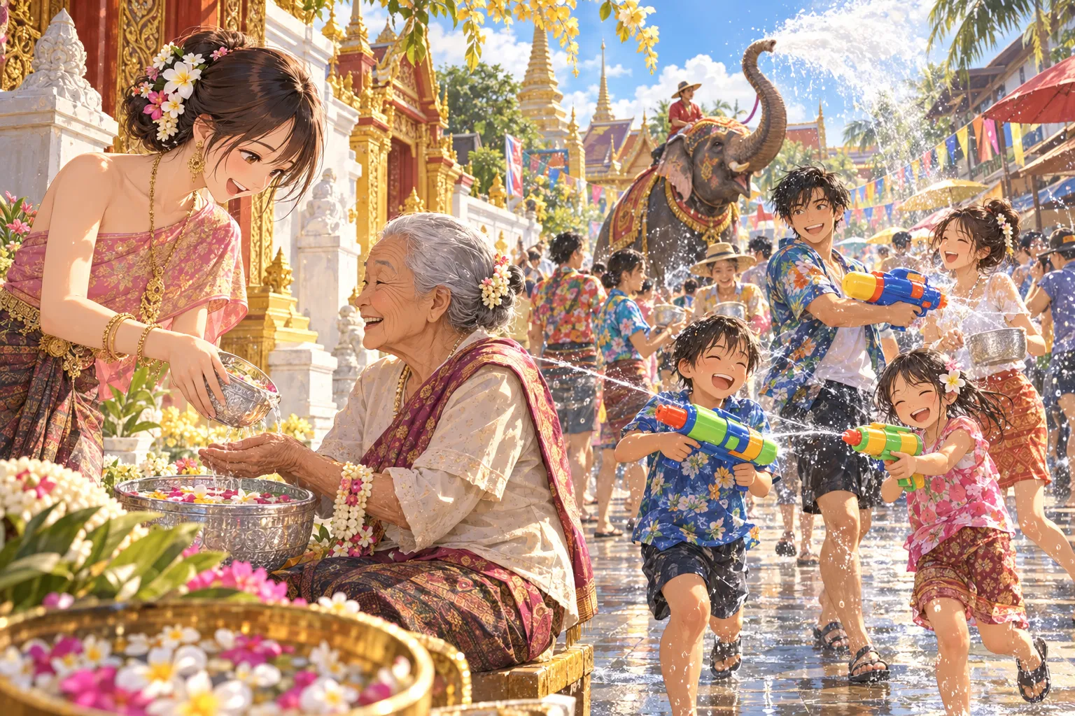 ソンクラーン(タイの水かけ祭り)(Songkran)のイラスト
