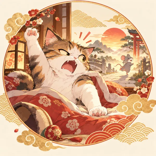 寝坊して競走に間に合わなかったネコのイラスト
