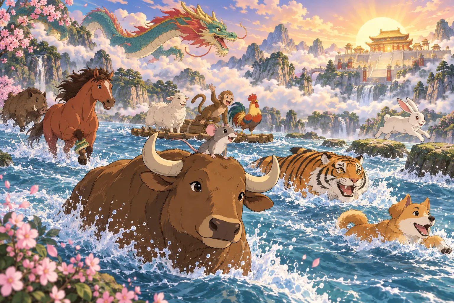 十二支の動物たちが川を渡って競走する昔話のイラスト