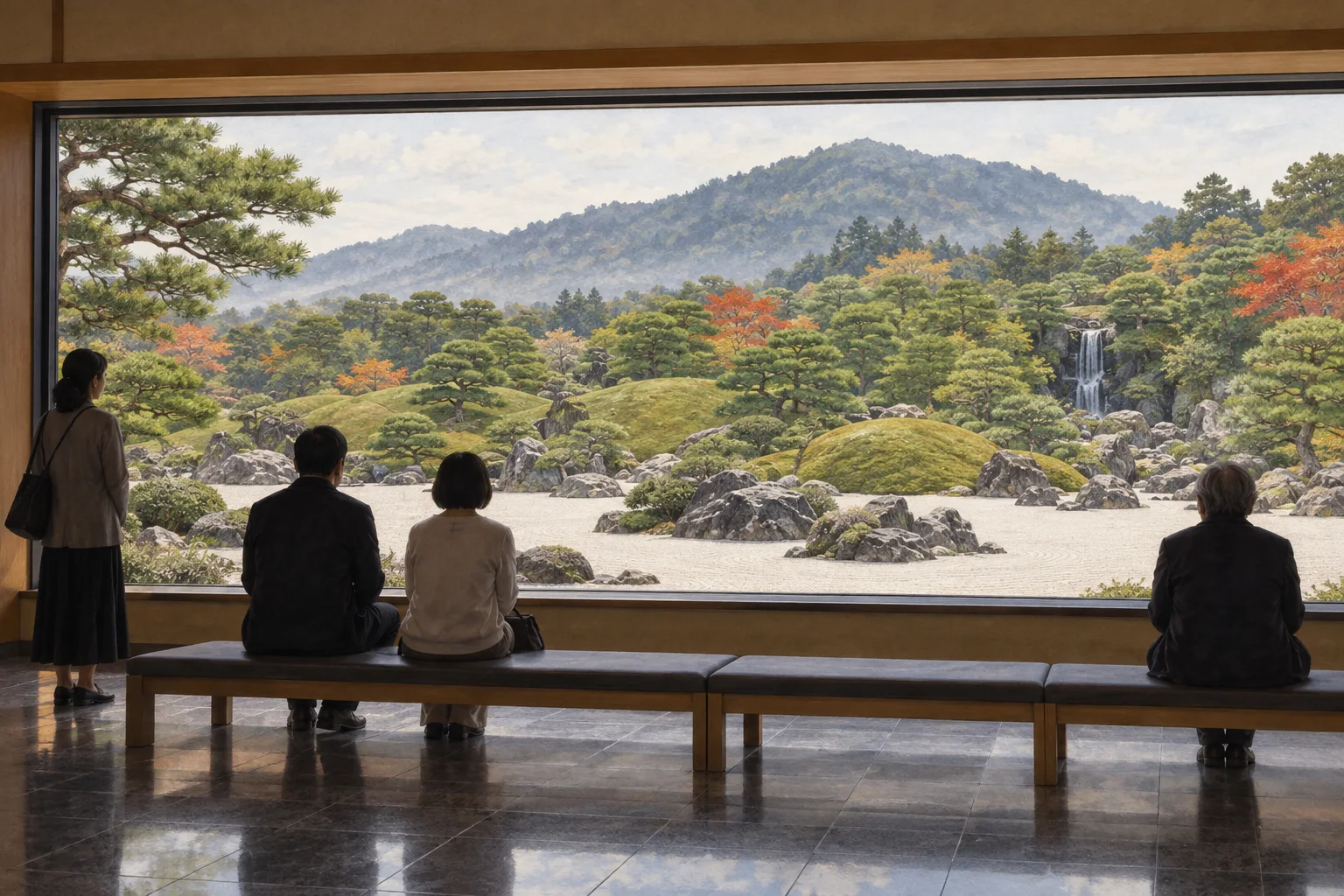 窓越しに足立美術館の庭園を鑑賞する人々