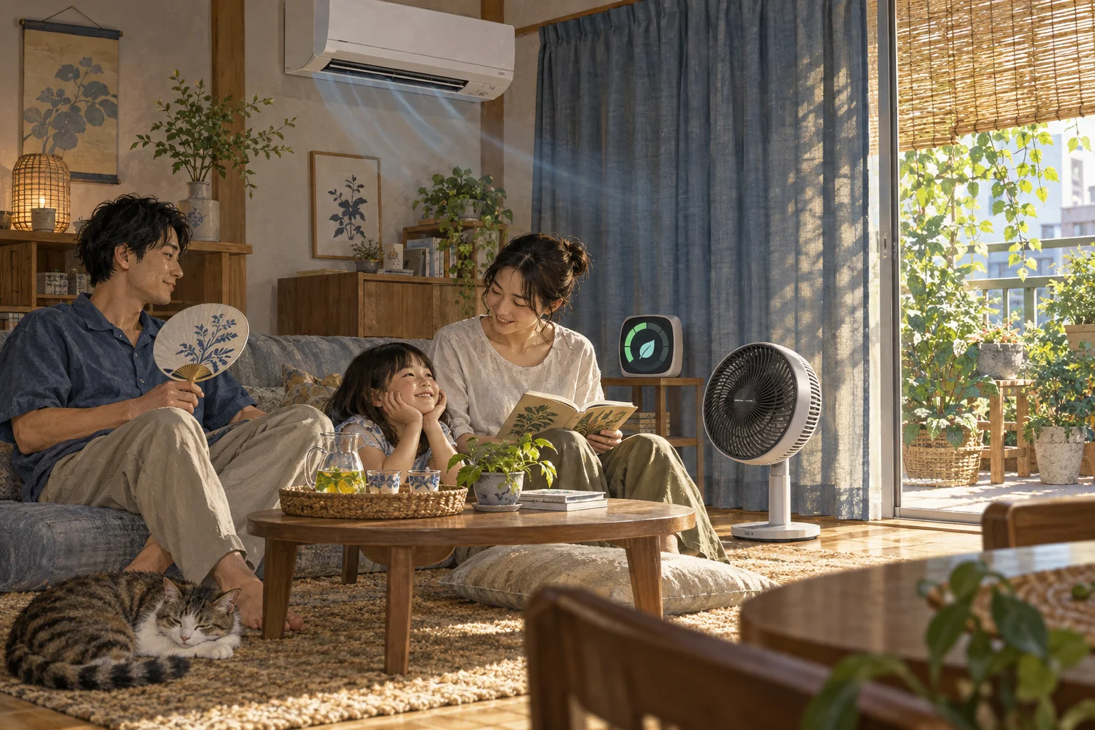 エアコンと日よけや送風を組み合わせて節電する家庭