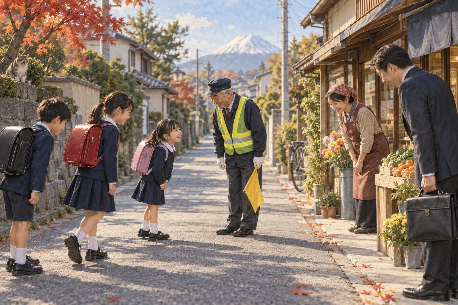 朝の通学路で挨拶を交わす地域の人々