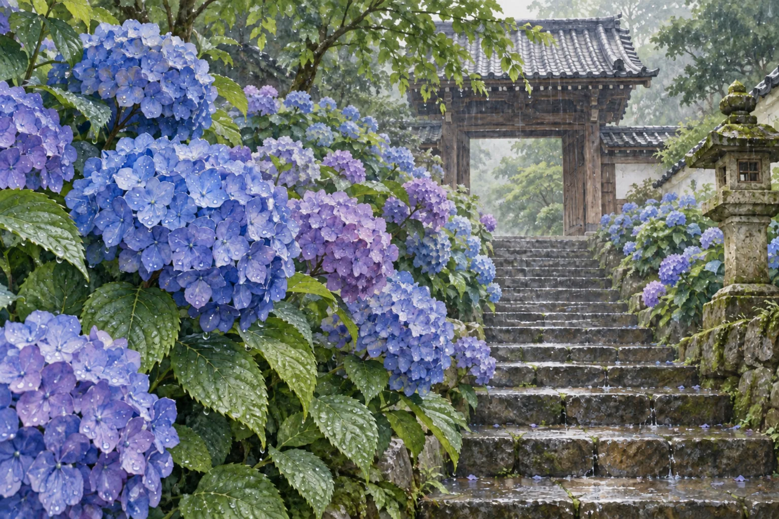 雨に濡れた石段の脇に咲く青と紫の紫陽花