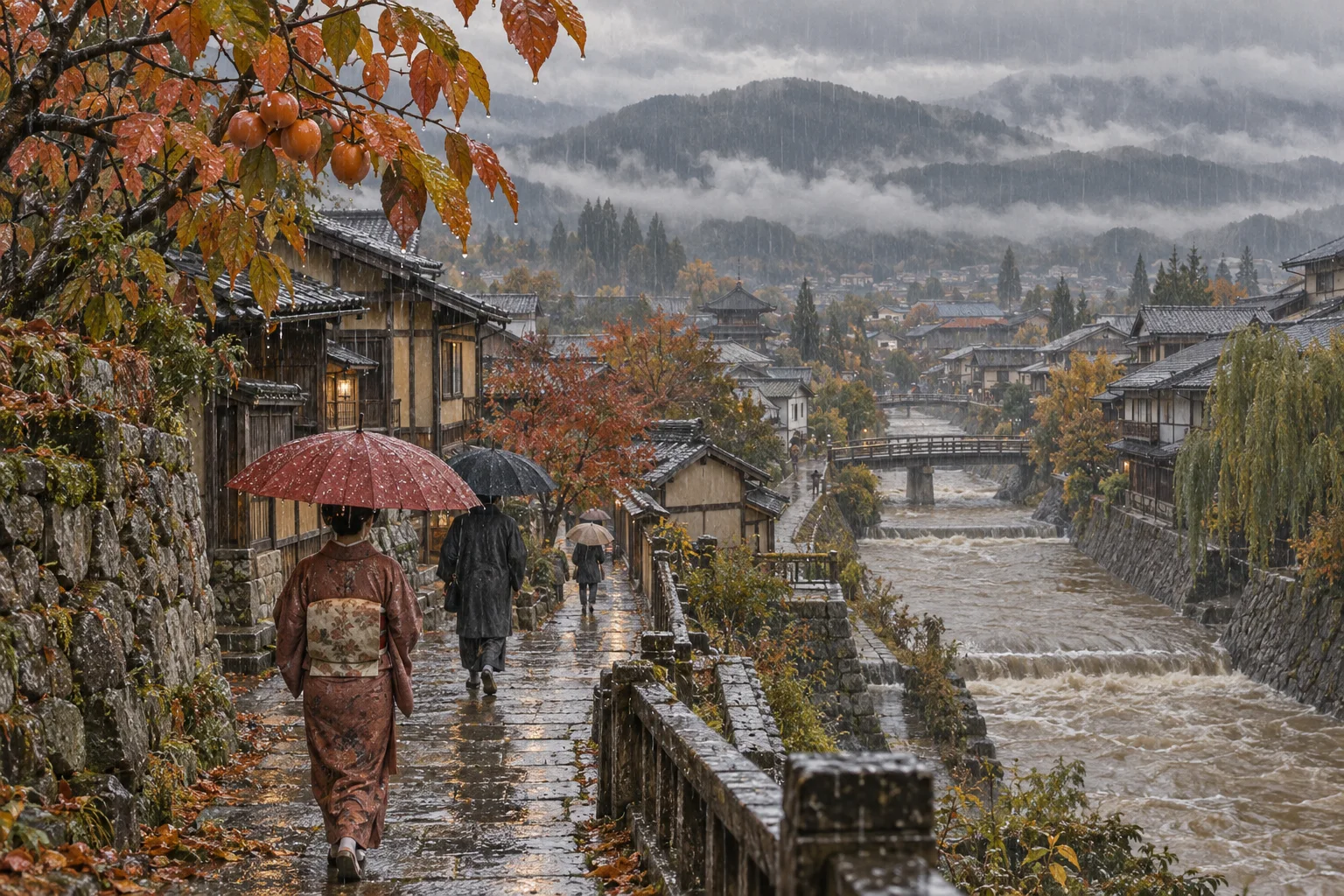 秋雨が長く降り続く日本の町