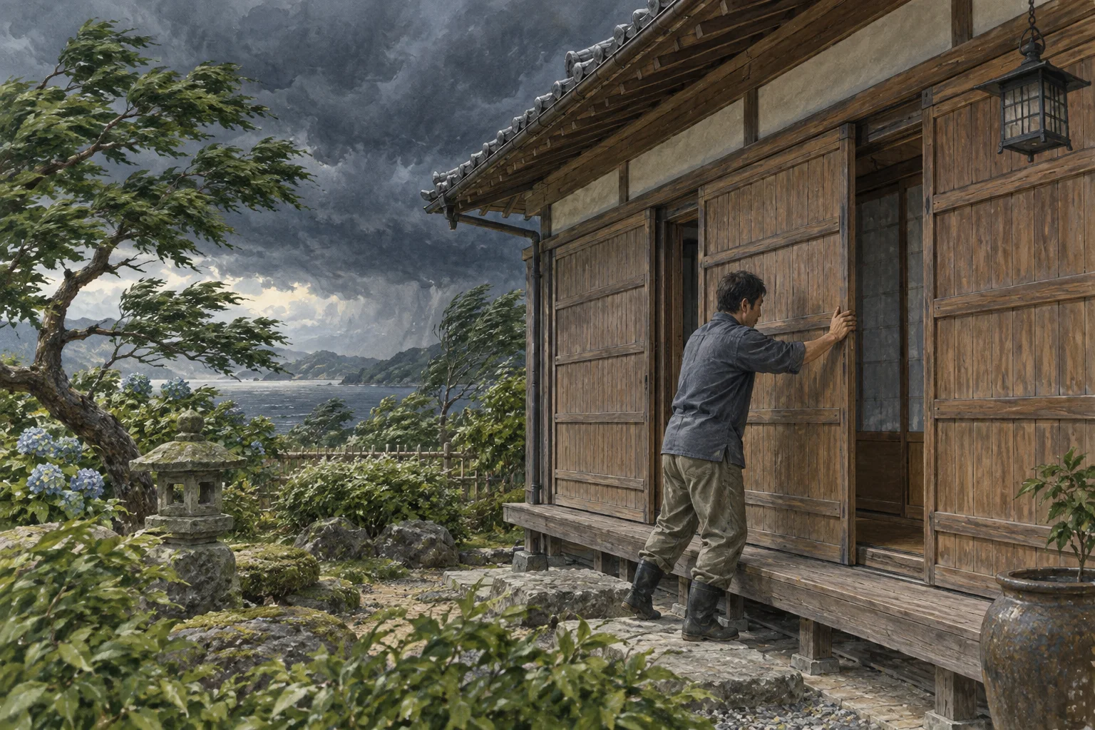 嵐の前に家の雨戸を閉める住人