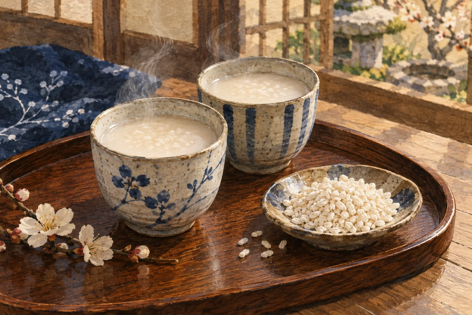 木の盆に並べた、湯気の立つ甘酒と米麹