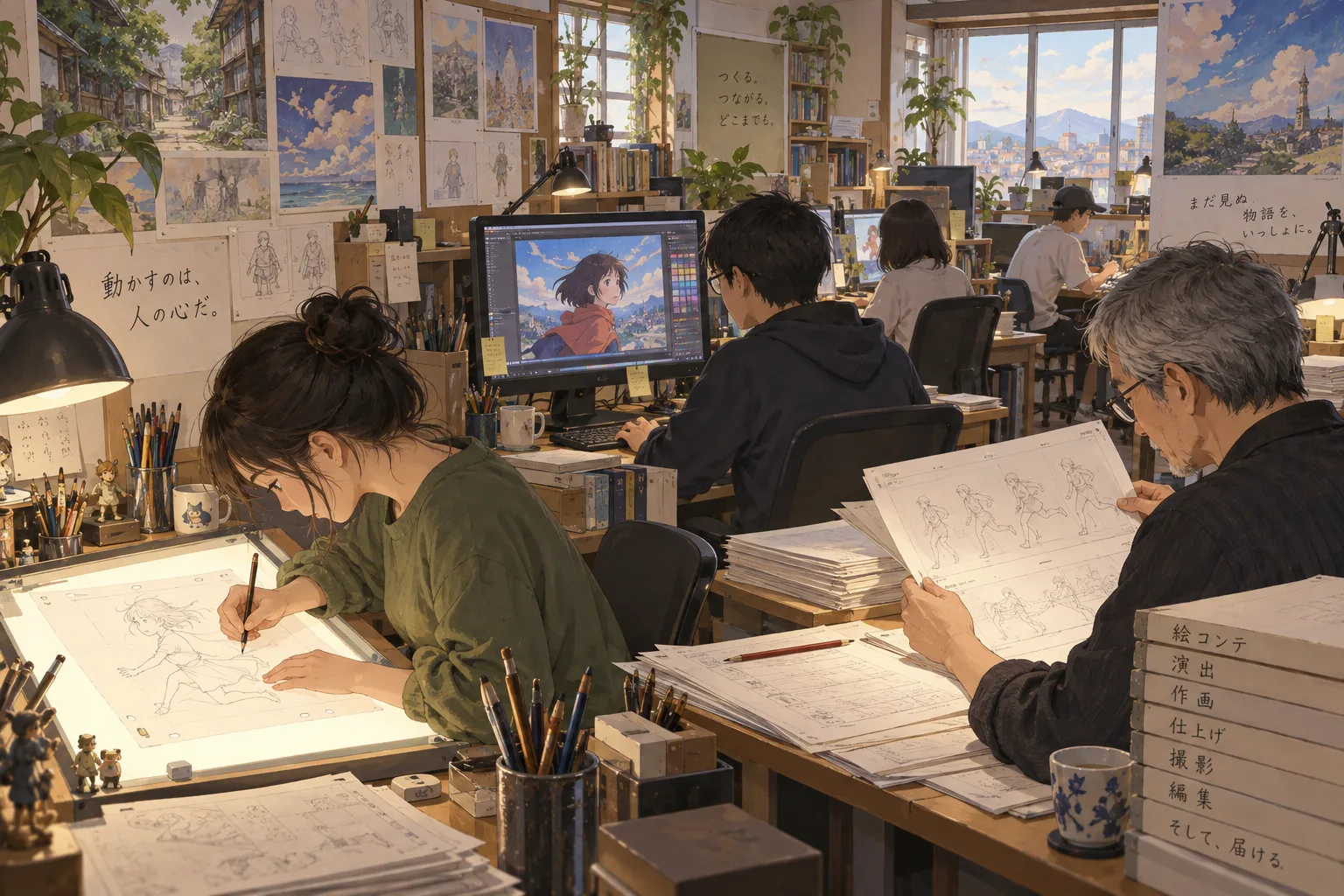 原画や彩色を分担して制作するアニメスタジオ
