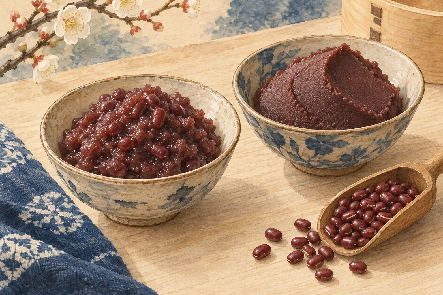 粒あんとこしあんを小鉢に盛り、小豆を添えた静物
