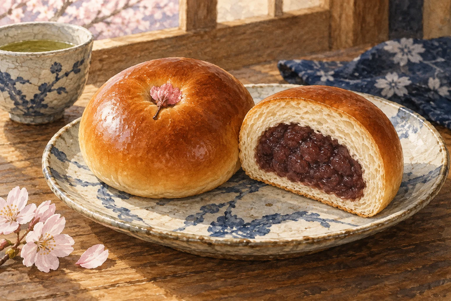Golden anpan buns with salted cherry blossoms and a cut section revealing bean paste.