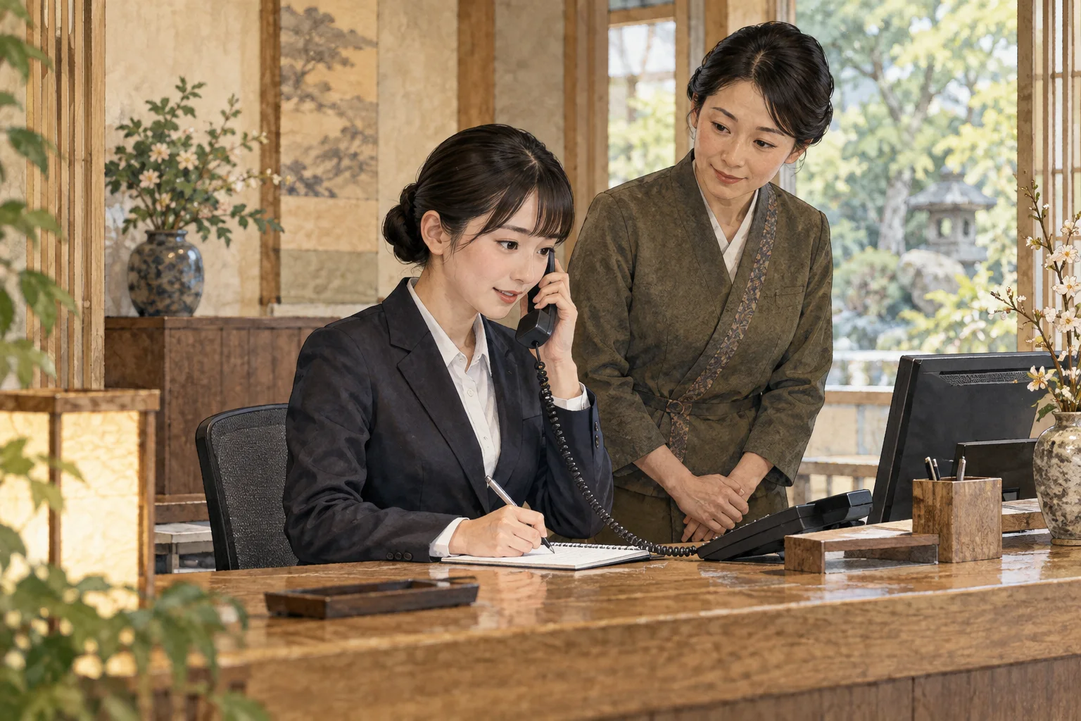 職場で丁寧な電話の受け方を教わる新人
