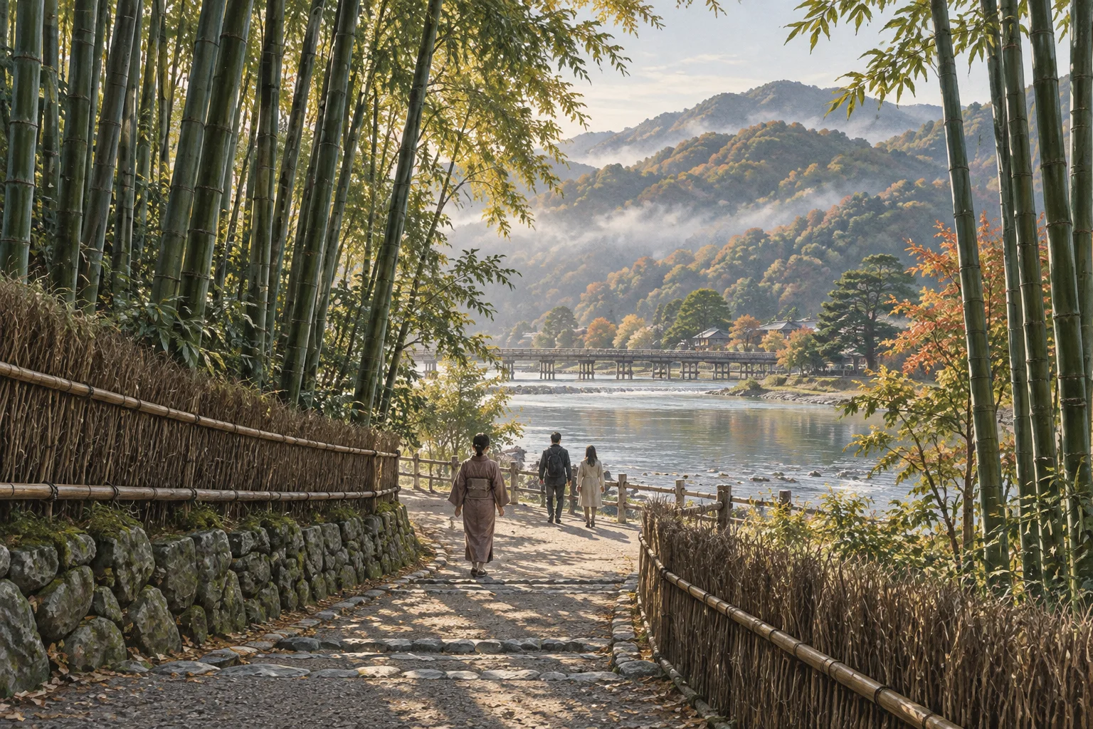 竹林と桂川の景色が広がる朝の嵐山