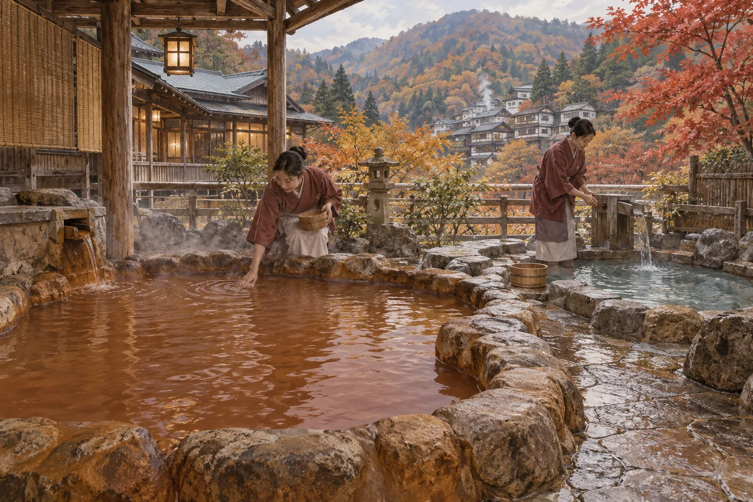 褐色の金泉と透明な銀泉が並ぶ有馬温泉