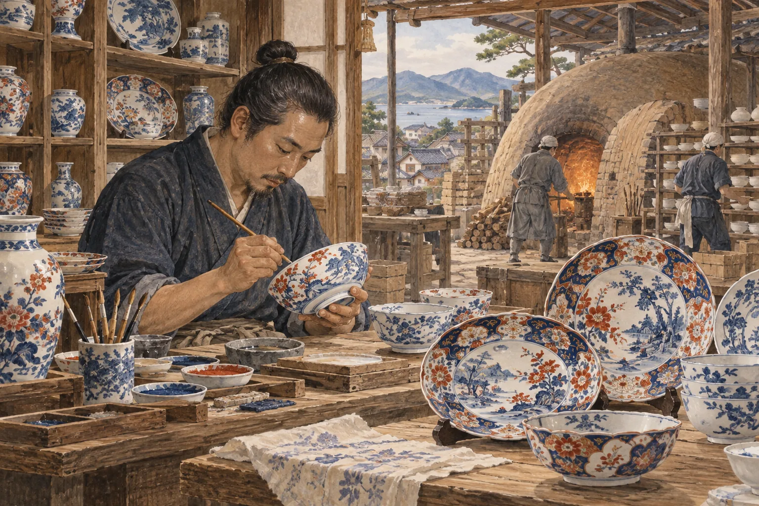 有田焼と伊万里焼の器に絵付けする職人