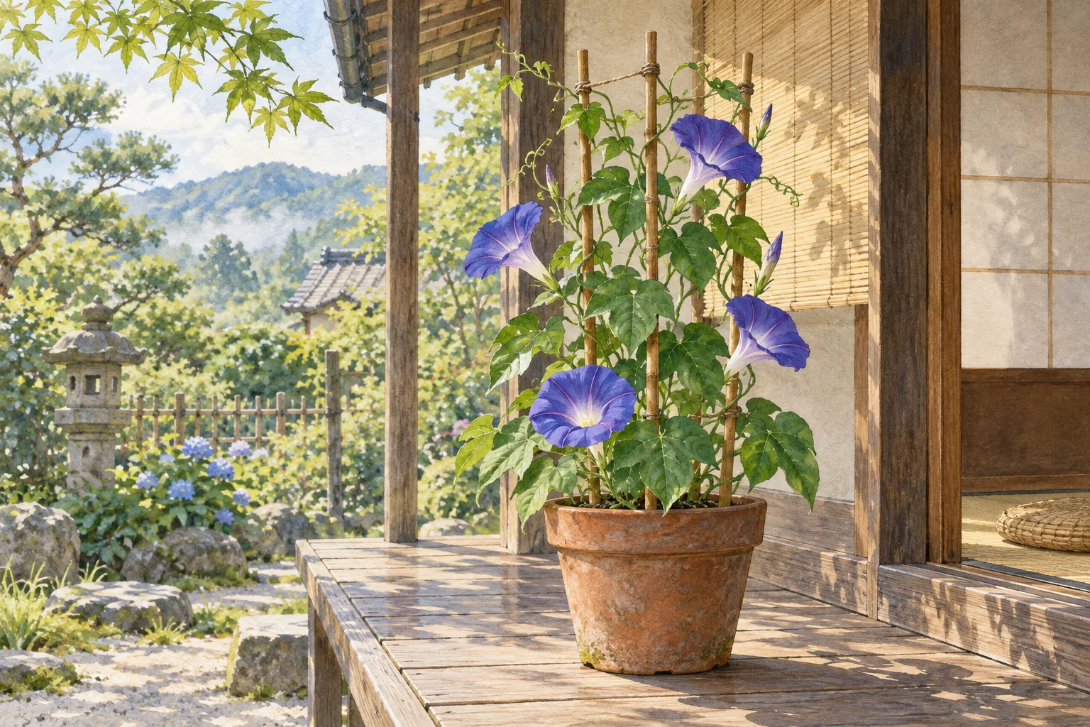 竹の支柱に絡み、青紫色の花を開く鉢植えの朝顔