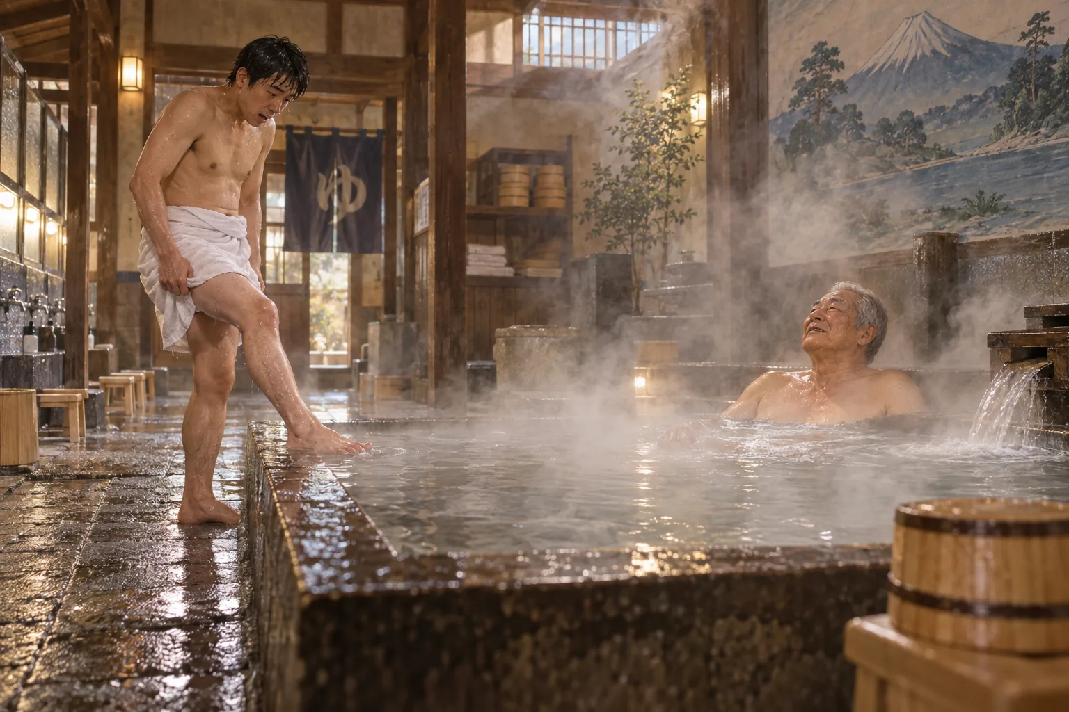 熱い湯に慣れた常連と慎重に温度を確かめる客