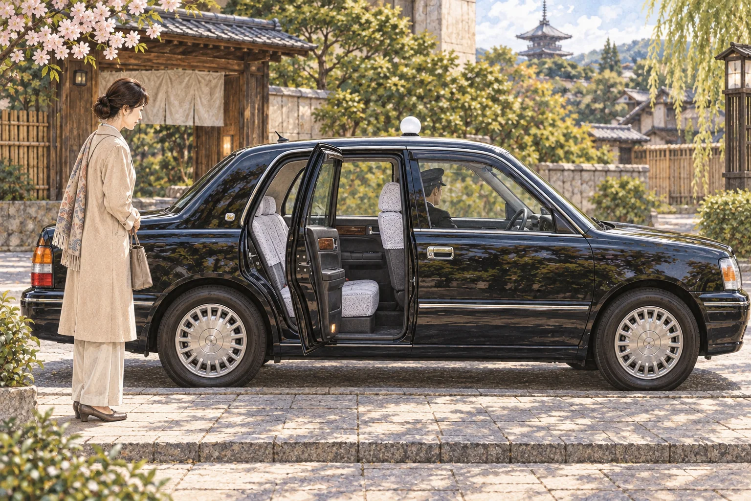 運転手が開けたタクシーの後部ドアの前で待つ乗客