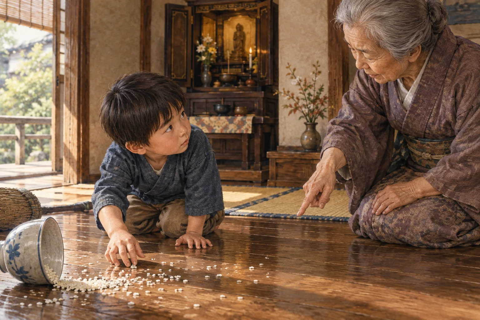 粗末にした米を前に罰が当たると諭される子ども