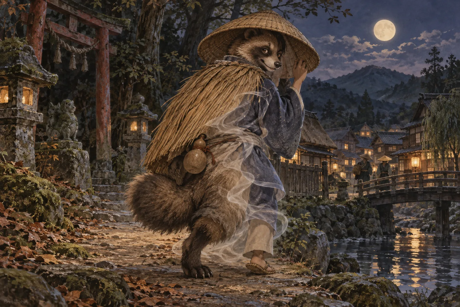 旅人に化けようとする昔話の化け狸