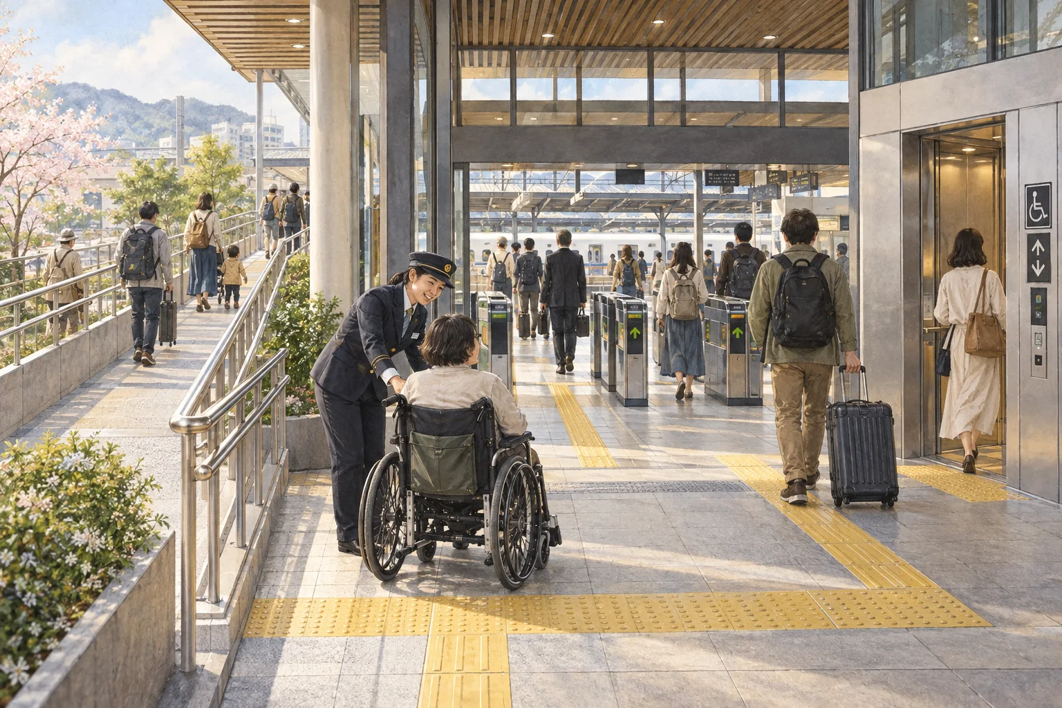 スロープや点字ブロックを備えた駅を利用する人々