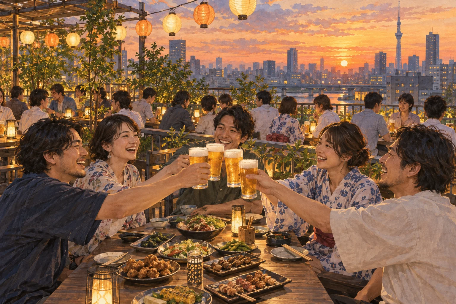 夏の屋上ビアガーデンを楽しむ大人たち