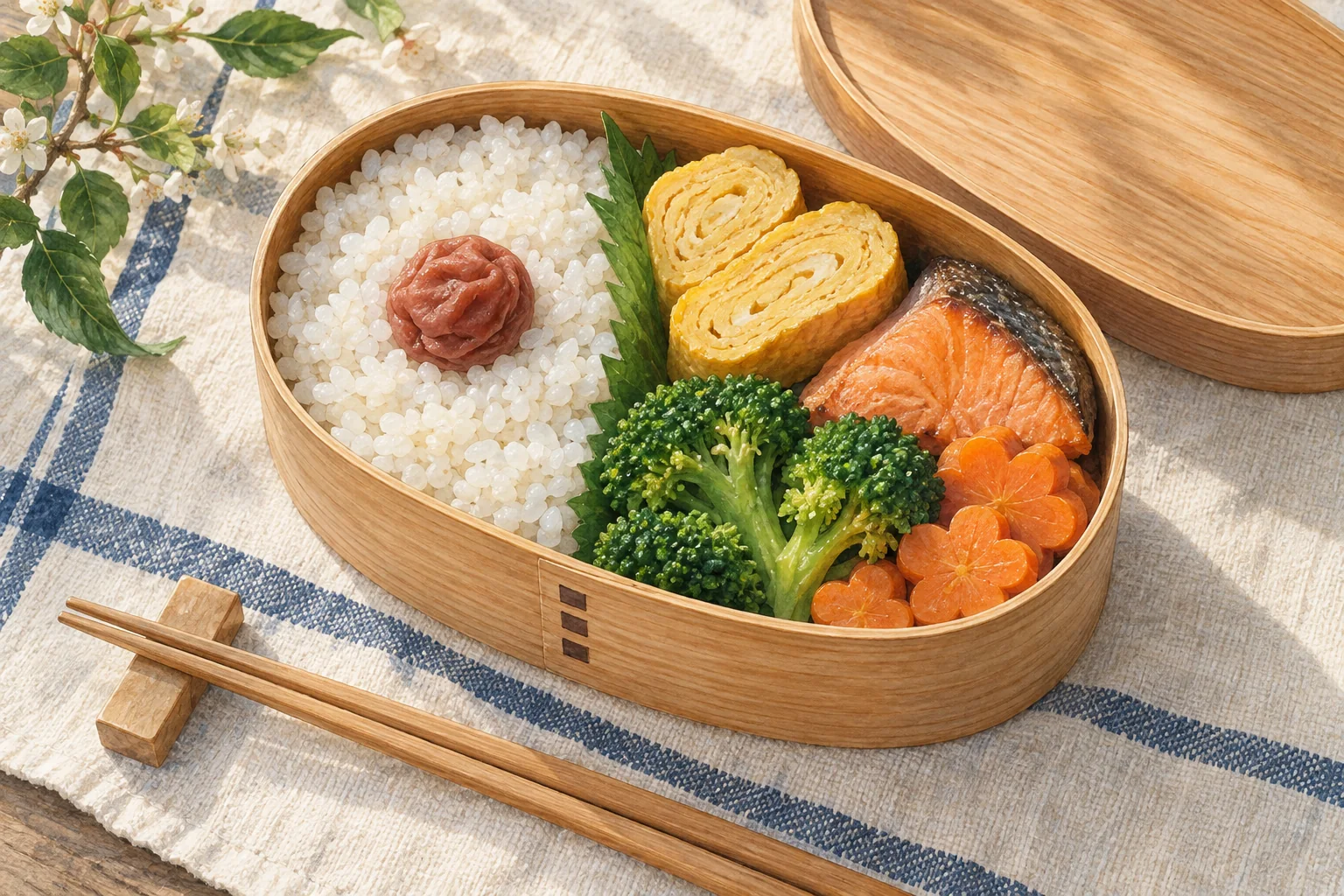 A wooden bento box filled with rice, rolled omelet, grilled salmon and vegetables.