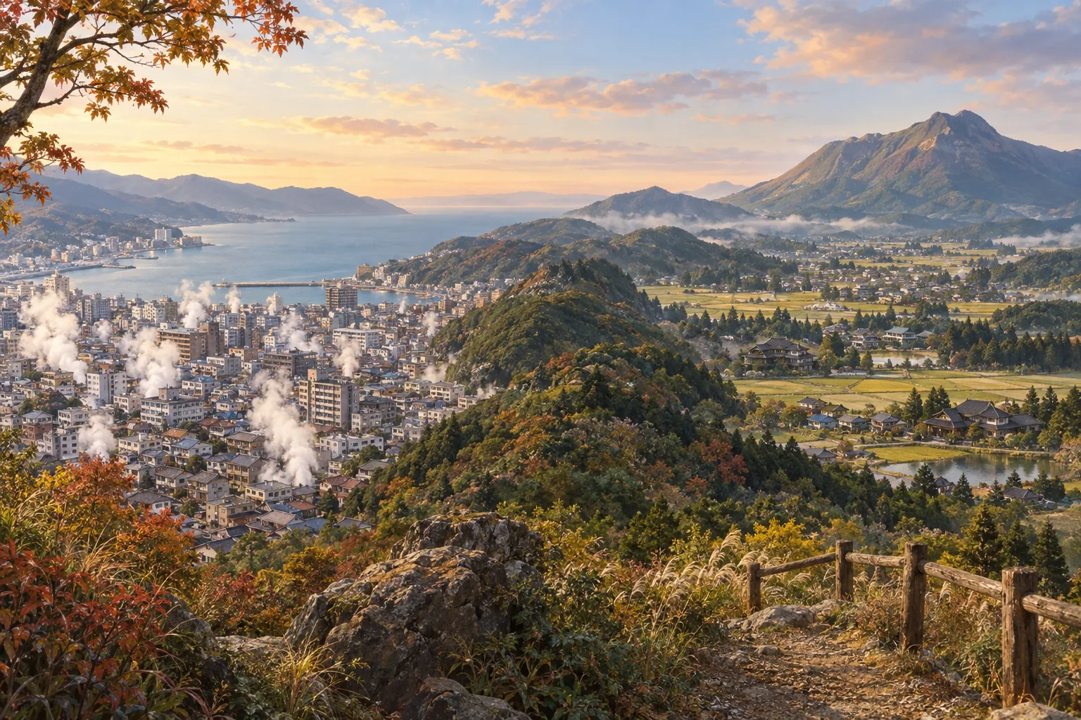 湯煙の別府と田園の湯布院を結ぶ大分の山景色