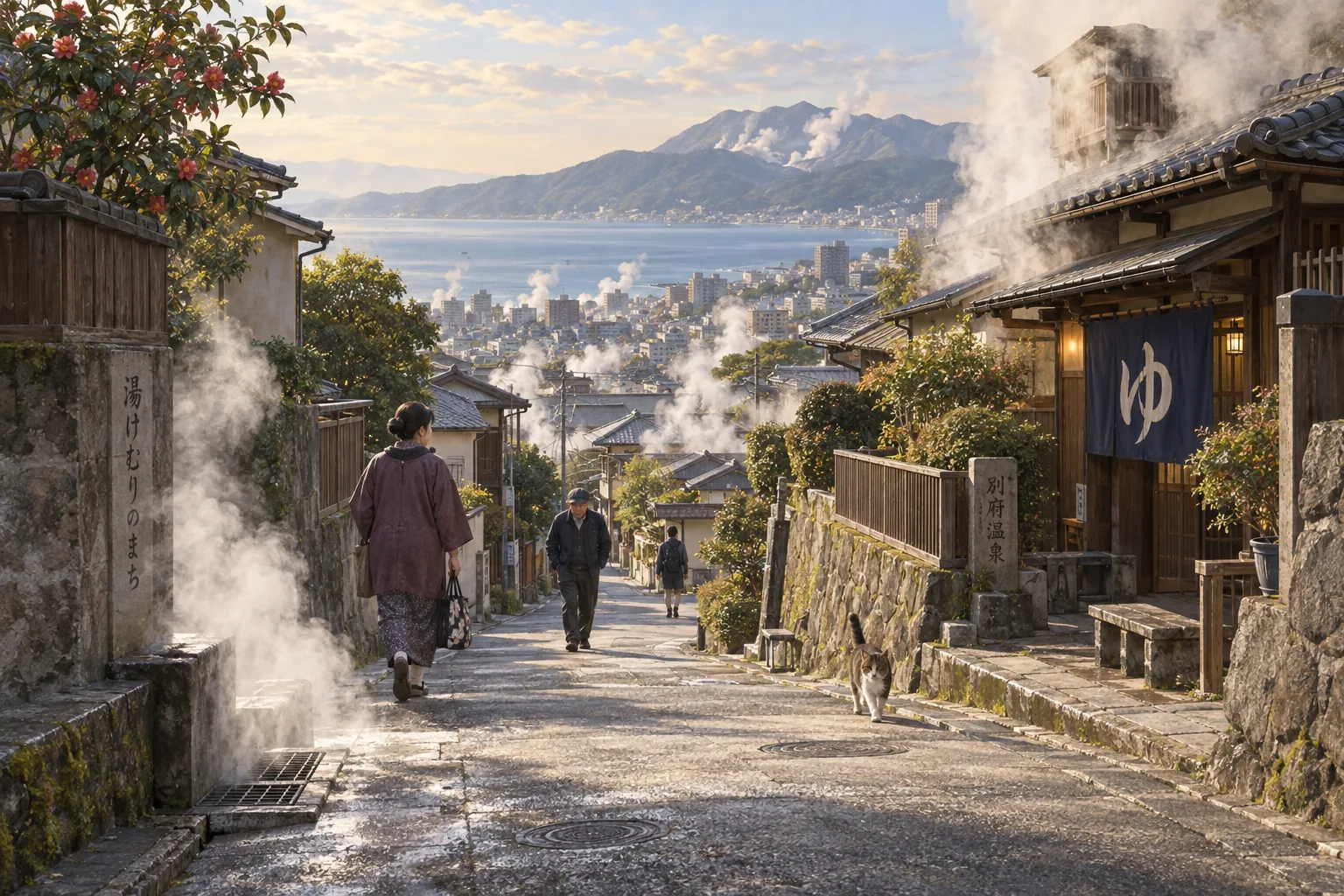 Steam rising throughout an ordinary neighborhood in Beppu Onsen.
