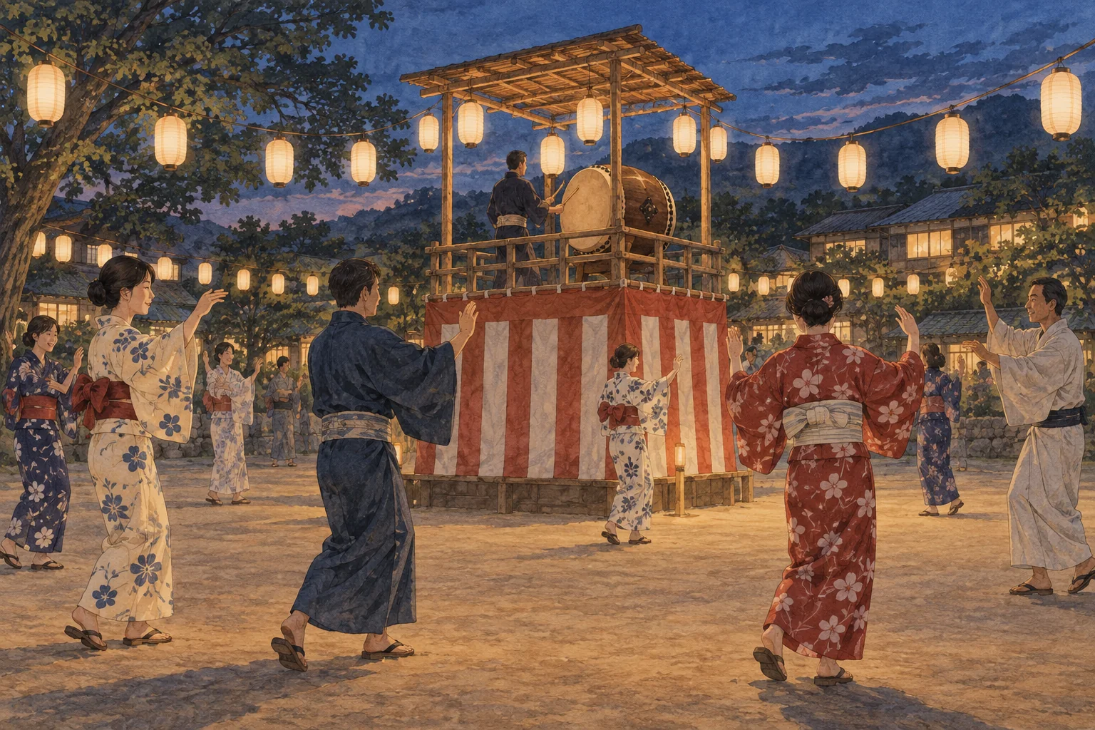 夏の夜、提灯で飾られたやぐらを囲んで浴衣姿の人々が盆踊りをする風景