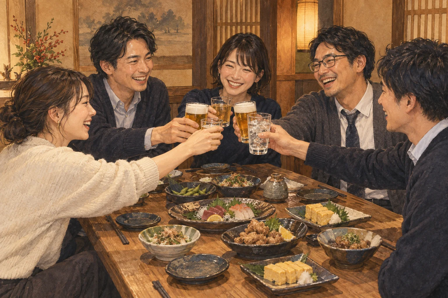 居酒屋で同僚たちが年末年始の会食を楽しむ場面