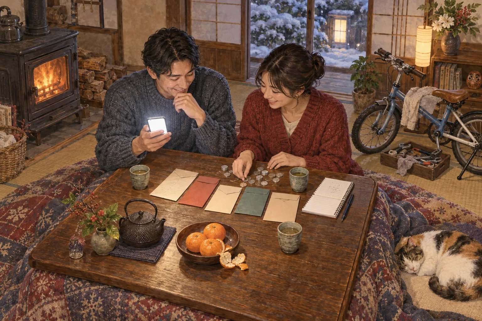 冬のボーナスの使い道を家庭で相談する夫婦
