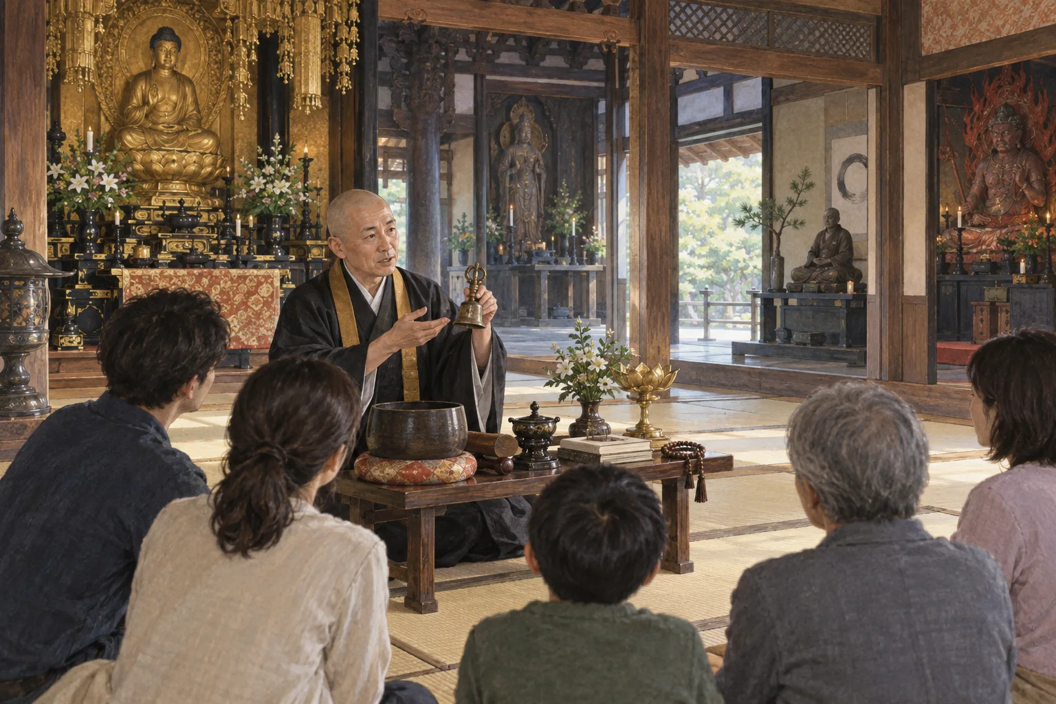 寺院で日本仏教の宗派ごとの違いを説明する僧侶