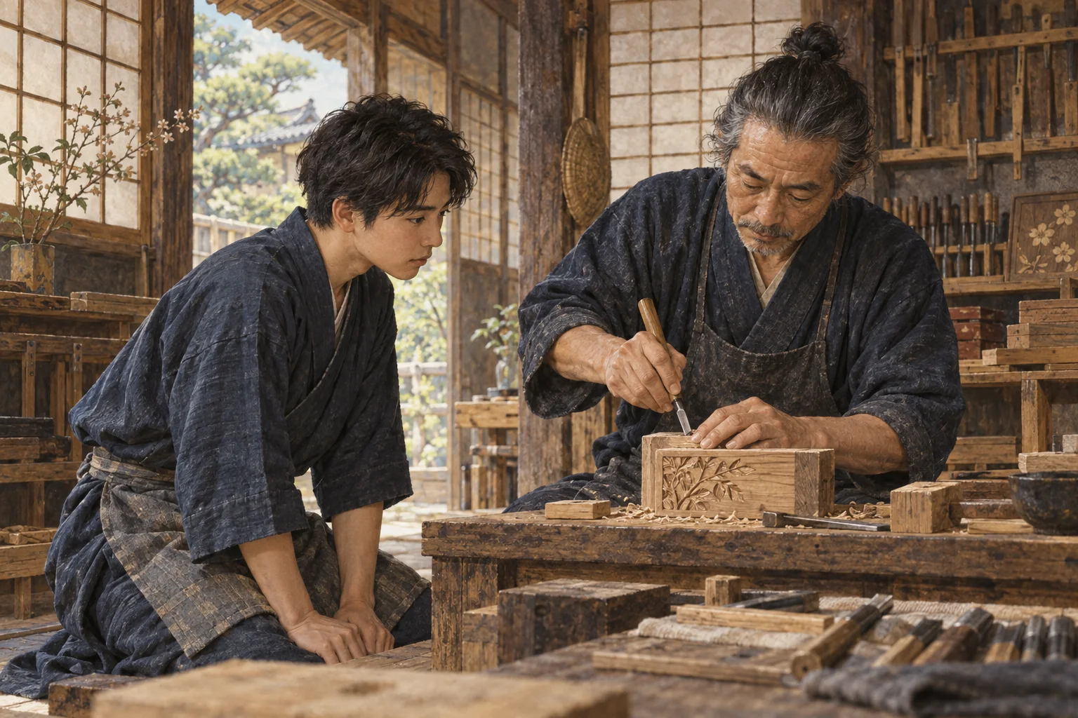 職人の工房で自分の立場をわきまえて学ぶ若い弟子