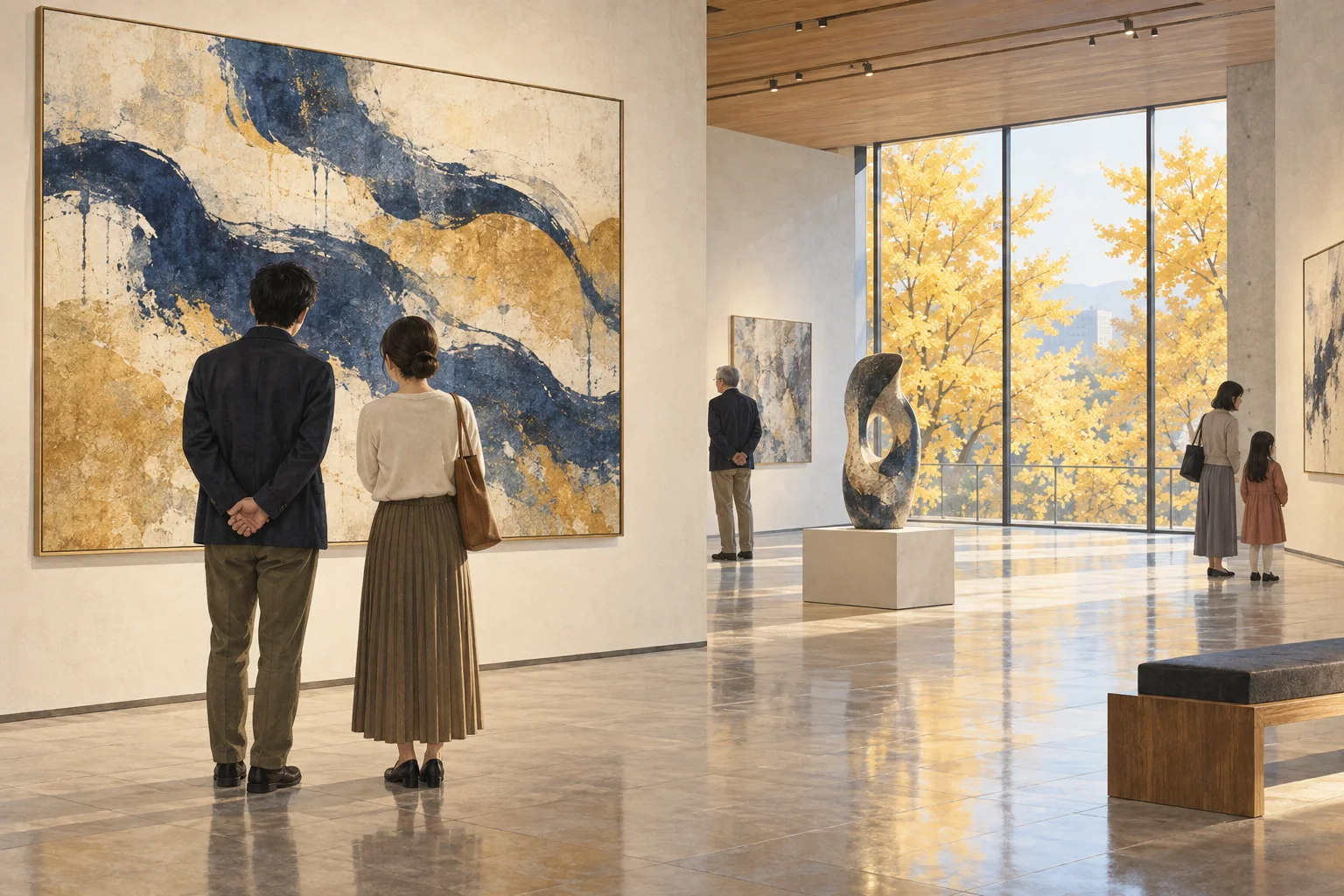 秋の美術館で作品を鑑賞するさまざまな世代の人々