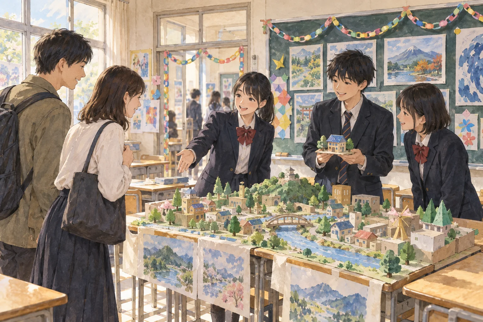 文化祭の教室で、模型や絵の展示を紹介する生徒たち