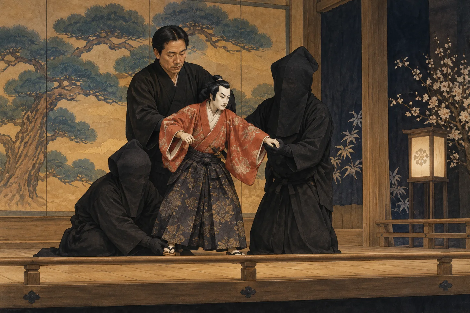三人の人形遣いが着物姿の人形を操る文楽の舞台