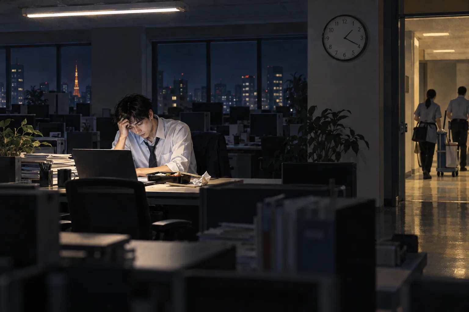 深夜の無人に近い職場で一人残業を続ける疲れた会社員